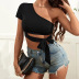 hollow straps oblique shoulder knitted short-sleeved crop top NSYSQ128241
