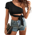hollow straps oblique shoulder knitted short-sleeved crop top NSYSQ128241