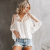 stitching loose V-neck long sleeve lace-up solid color perspective top NSFH128316