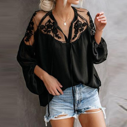 Stitching Loose V-neck Long Sleeve Lace-up Solid Color Perspective Top NSFH128316
