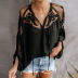 stitching loose V-neck long sleeve lace-up solid color perspective top NSFH128316