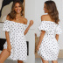 one-word collar puff sleeve lace-up polka dot print dress NSFH128317