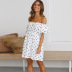 one-word collar puff sleeve lace-up polka dot print dress NSFH128317