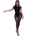 solid color slim-fit short-sleeved one-piece top high-waist mesh see-through trousers set NSXPF128335