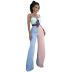 contrast color stitching wrap chest top and flared pants two-piece set NSASL128365