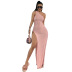 irregular pit strip high slit one-shoulder solid color dress NSASL128373