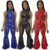 mesh printing sleeveless jumpsuit flared pants two-piece set NSASL128375