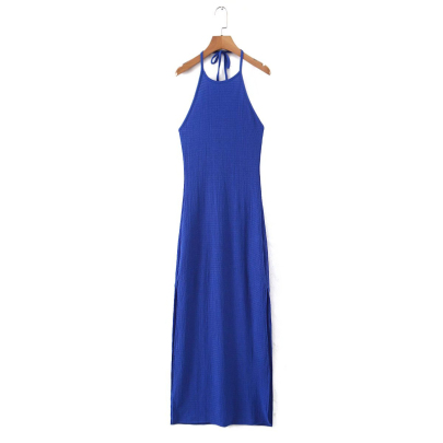 Hanging Neck Sleeveless Backless Lace-up Slit Solid Color Dress NSLAY128417