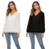 solid color Chiffon V-neck Lantern Sleeve Pullover Top NSHZ128488