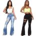 high waist retro personality hole elastic full-length flared Jeans NSXXL128510