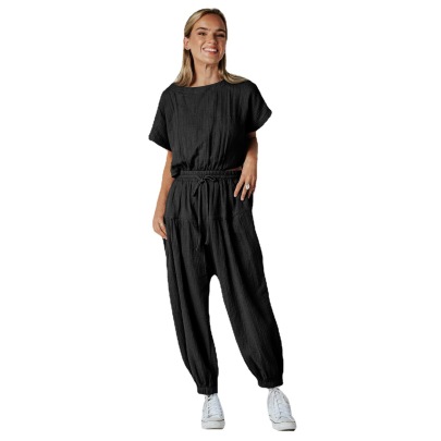 Solid Color Rear Button Slit Pleated Drawstring Jumpsuit NSMID128543