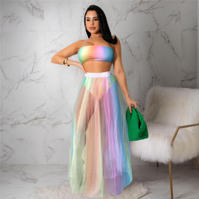 Colorful Printed Chest Wrapping Top Mesh Skirt Two-piece Set With Panties NSASL128495