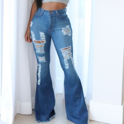 High Waist Frayed Big Hole Flared Jeans NSXXL128509