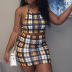 plaid print sleeveless halter vest mid-waist short skirt set NSBDX128605