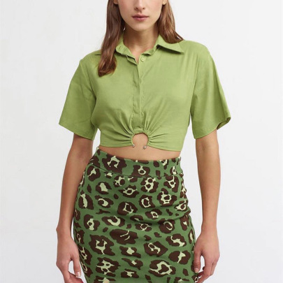 Solid Color Lapel Pullover Short-sleeved Crop Top NSLHC128624
