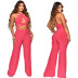 halter neck sleeveless wrap chest backless wide-leg solid color jumpsuit NSMYF128636
