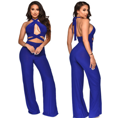 Halter Neck Sleeveless Wrap Chest Backless Wide-leg Solid Color Jumpsuit NSMYF128636