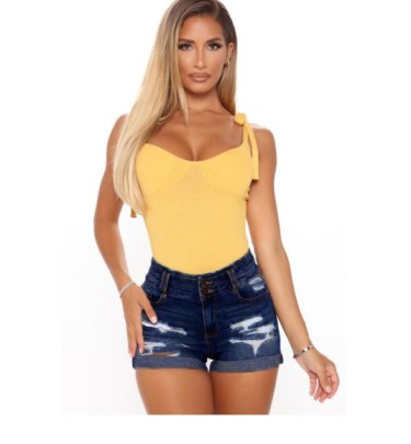 High-waisted Breasted Hole Rolled Edge Denim Shorts NSXXL128252
