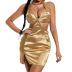 backless wrap chest slim hanging neck lace-up slit solid color dress NSGYX128713