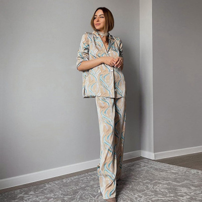 Ice Silk Print Long-sleeved Loose Suit Collar Top And Pant Suit NSSQS128721