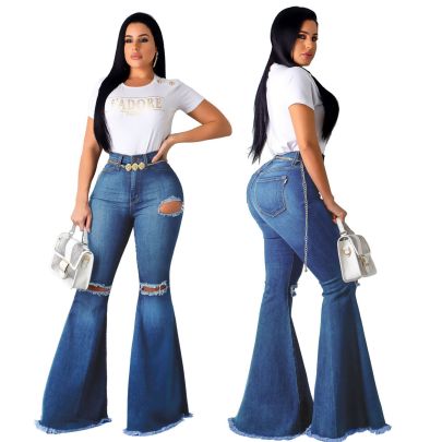 High-waisted Elastic Holes Mopping Flared Jeans NSXXL128276