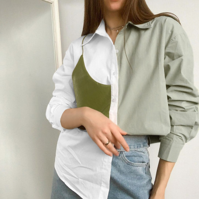 Stitching Long Sleeve Loose Contrast Color Shirt NSSQS128729