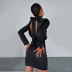 backless high neck lace-up long sleeve solid color satin ice silk dress NSSQS128731