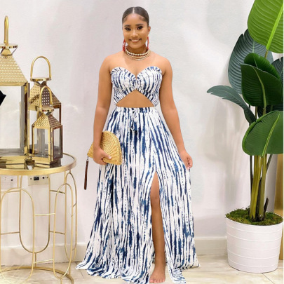 Printed Butterfly-shaped Wrap Top And High Waist Slit Skirt Set NSJZH128763