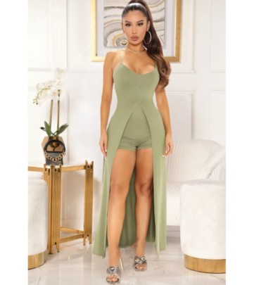 Solid Color Suspenders Slit Tops And Shorts Two-piece Set NSASL128362