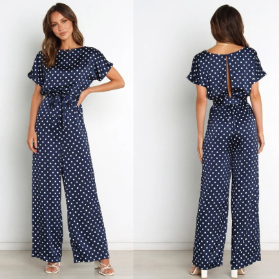 Round Neck Short-sleeved Wide-leg Lace-up Polka Dot Print Jumpsuit NSFH128318