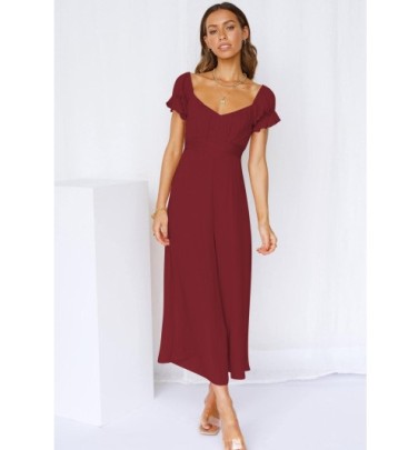 Solid Color One-word Collar Short-sleeved Wide-leg Jumpsuit NSMID128549
