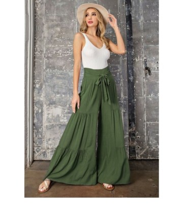 Solid Color Straps Elastic Waist Pleated Wide Leg Pants NSMID128540
