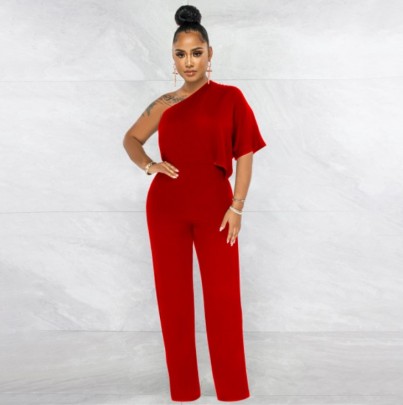 Single-short Sleeved Hollow Straight Solid Color Jumpsuit NSMYF128634