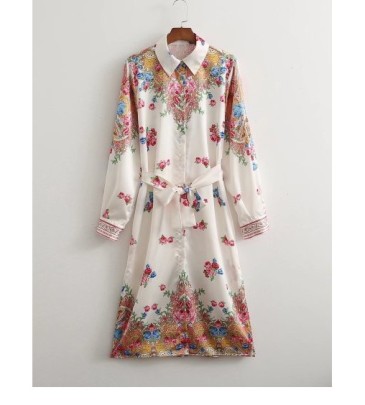 Lapel Lace-up Long Sleeve Floral Shirt Dress NSAM128756
