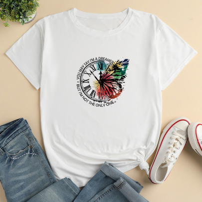 Camiseta Holgada De Manga Corta Con Estampado De Mariposas Del Alfabeto NSYAY129964