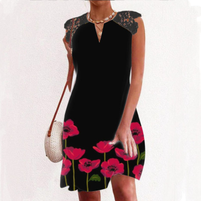 Lace Stitching Sleeveless Print Mid-length Dress NSLZ128800