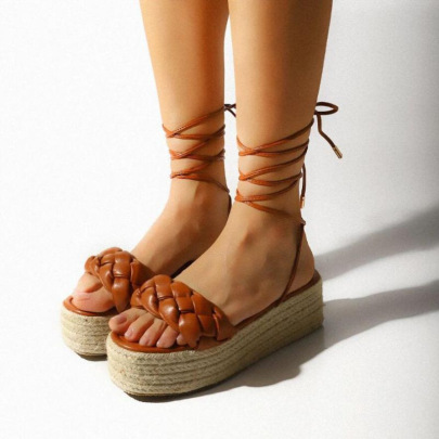 Hemp Braided Thick-soled Strappy Wedge Sandals NSHYR128816