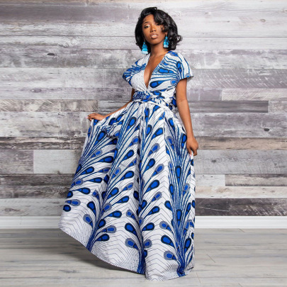 African Style Print V-neck Strappy Slit Full-length Dress Multicolors NSMID128847