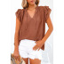 short-sleeved loose v neck lace-up ruffle solid color top NSQSY128885