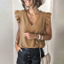 V-neck ruffle sleeve loose solid color top NSQSY128886
