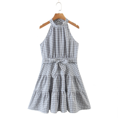 Plaid Printed Pleated Sleeveless Dress NSLQS128900