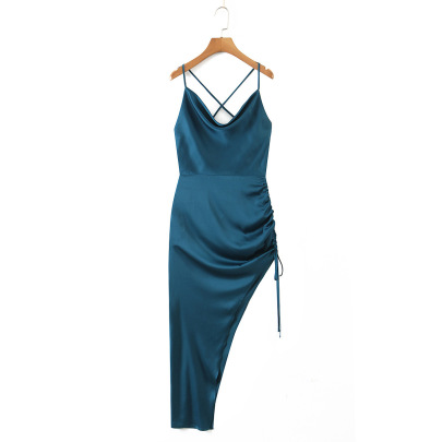 Solid Color Satin Side Slit Slip Dress NSLQS128904