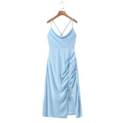 Solid Color Drawstring Slit Backless Slip Dress NSLQS128915