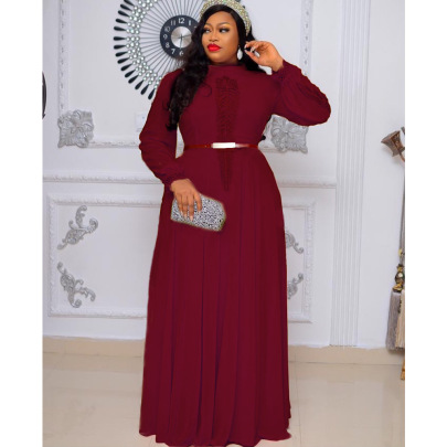 Plus Size Long Sleeve Embroidery Solid Color Chiffon Commuting Haute Couture Evening Dress With Belt NSFH128981
