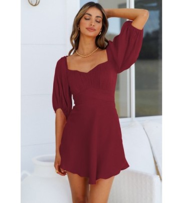 Solid Color One-word Neck/Square Collar Lantern Sleeve Dress Multicolors NSMID128666