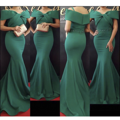 Plus Size Slim One-word Shoulder Sling Embroidery Haute Couture Commuting Evening Dress NSFH128970