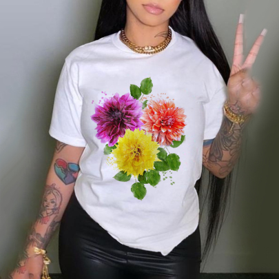 Plus Size Loose Round Neck Flower Print T-Shirt NSLBT129229