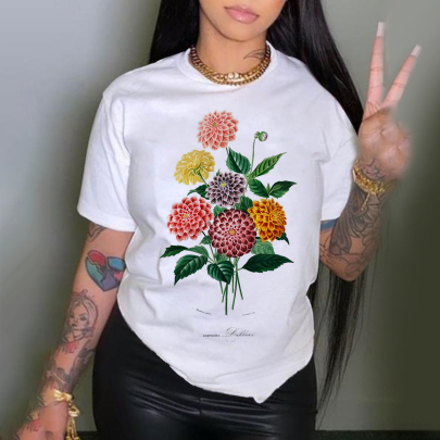 Plus Size Round Neck Short Sleeve Flower Print T-Shirt NSLBT129225