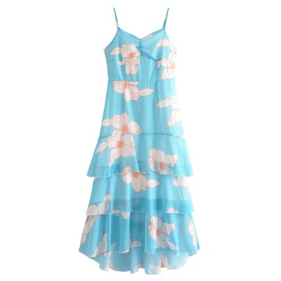 Layered Sling Backless Slim Flower Print Dress NSAM128998