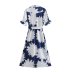 breasted big flower print lace-up Puff Sleeve Dress NSAM129026